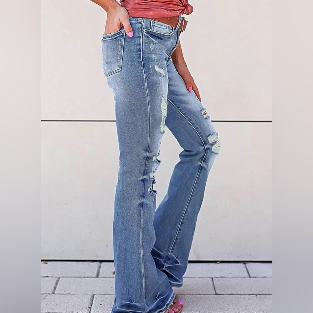 Classic Distressed Flare Jeans - Light Blue - Picture 6 of 12